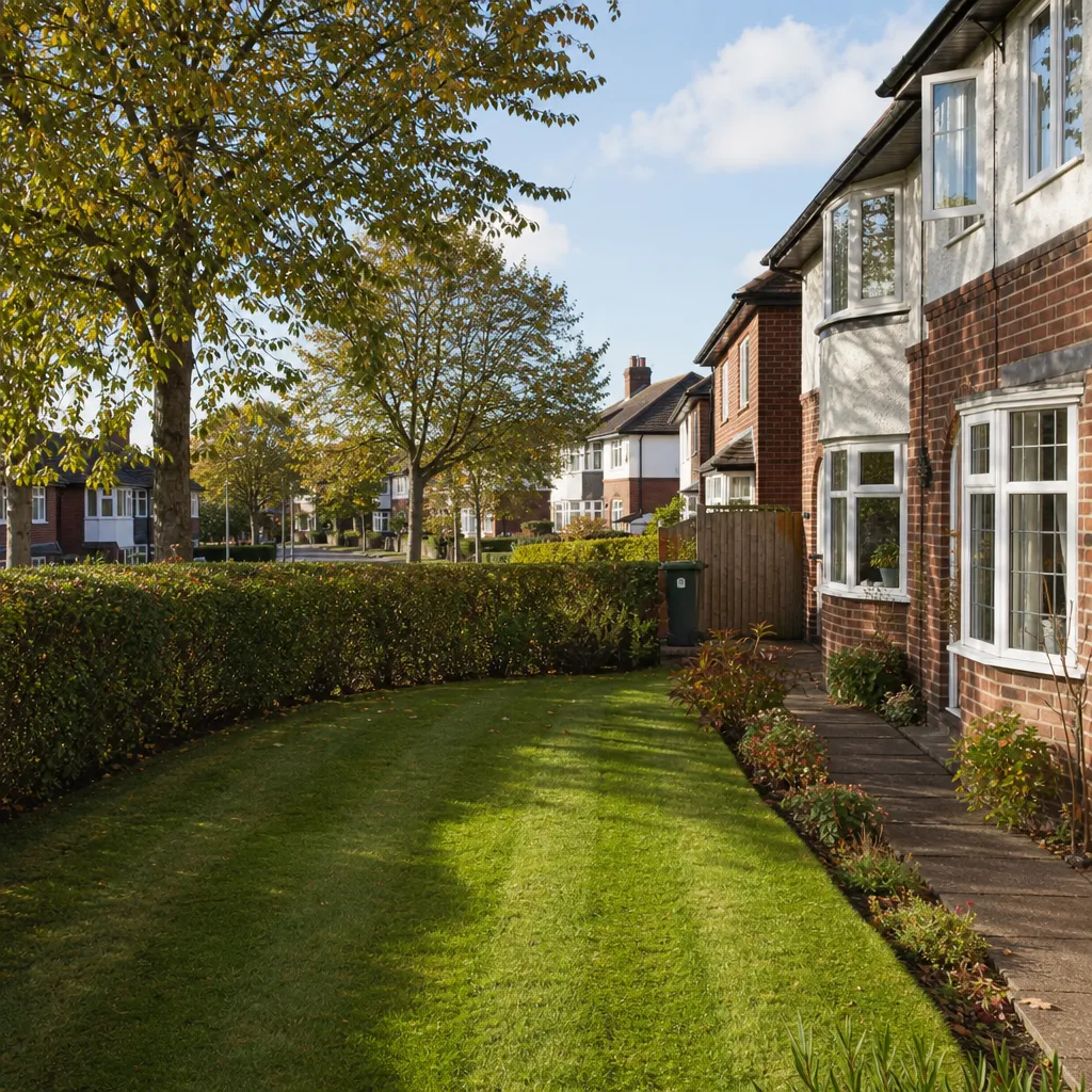 Front lawn behind a clipped hedge on a street of bay-fronted semis with mature trees