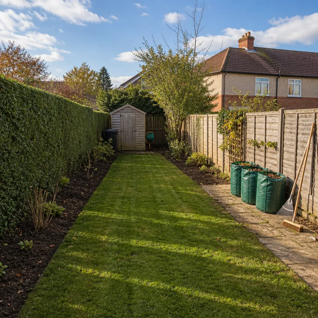 The same garden cleared, with a mown lawn, cut-back borders and bagged arisings on the path