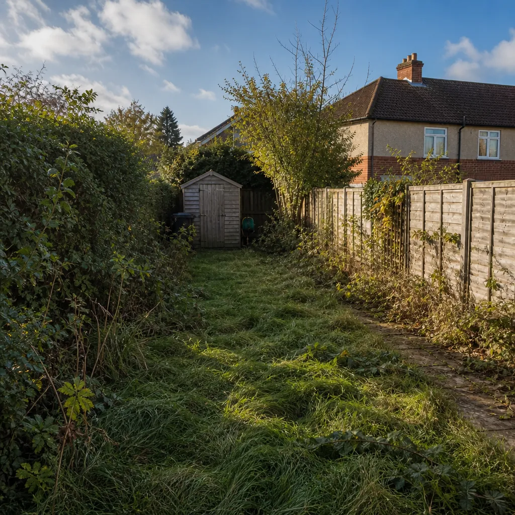 Overgrown rear garden with long grass, brambles through the borders and a hedge grown out