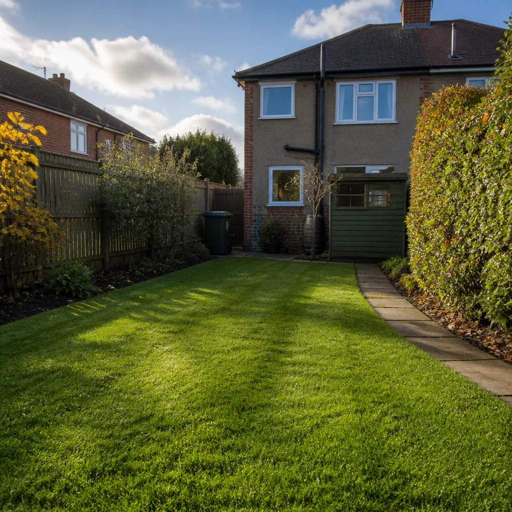 The same lawn dense and even after renovation, with a clean cut edge against the border