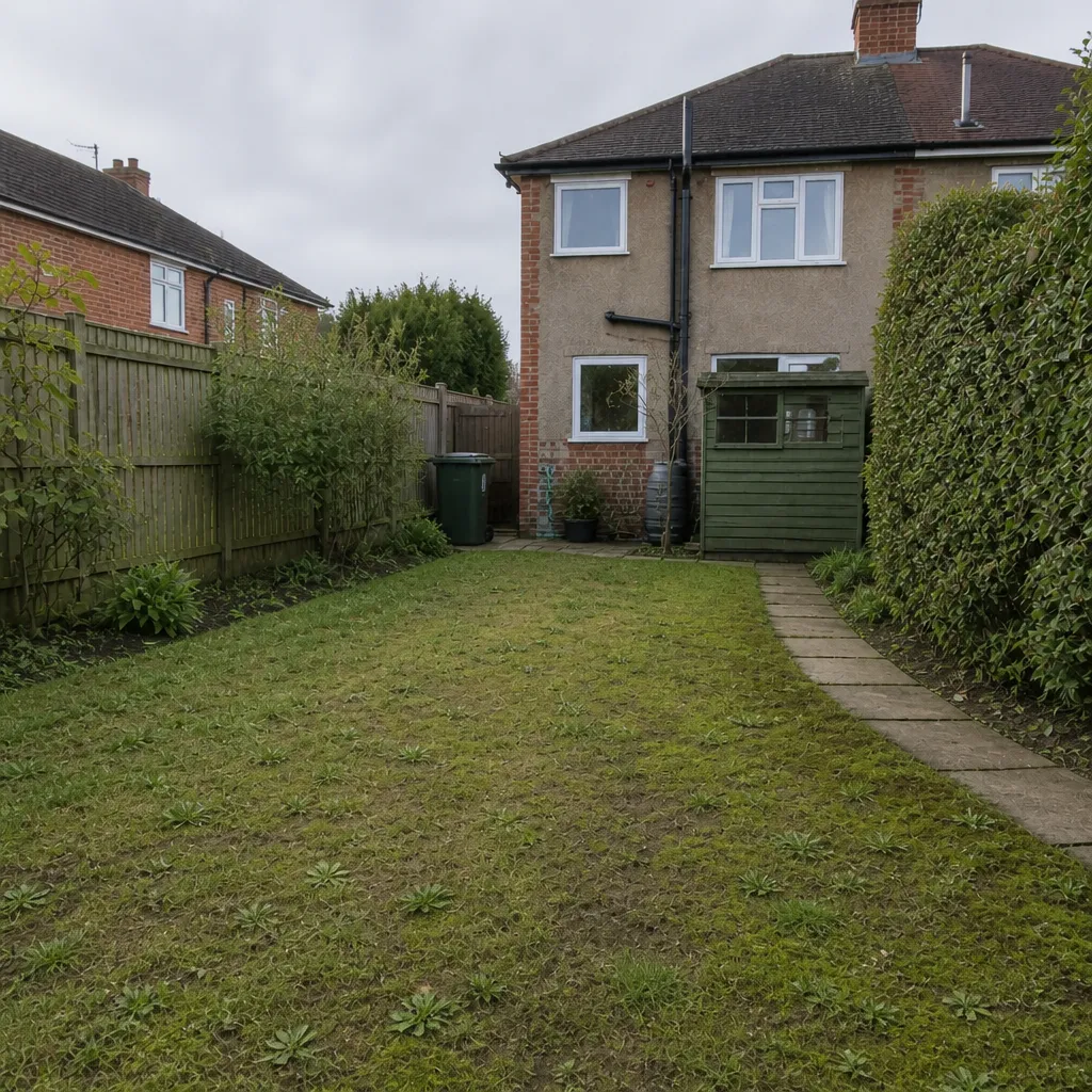 Thin patchy lawn with spreading moss, bare soil and weed through the grass