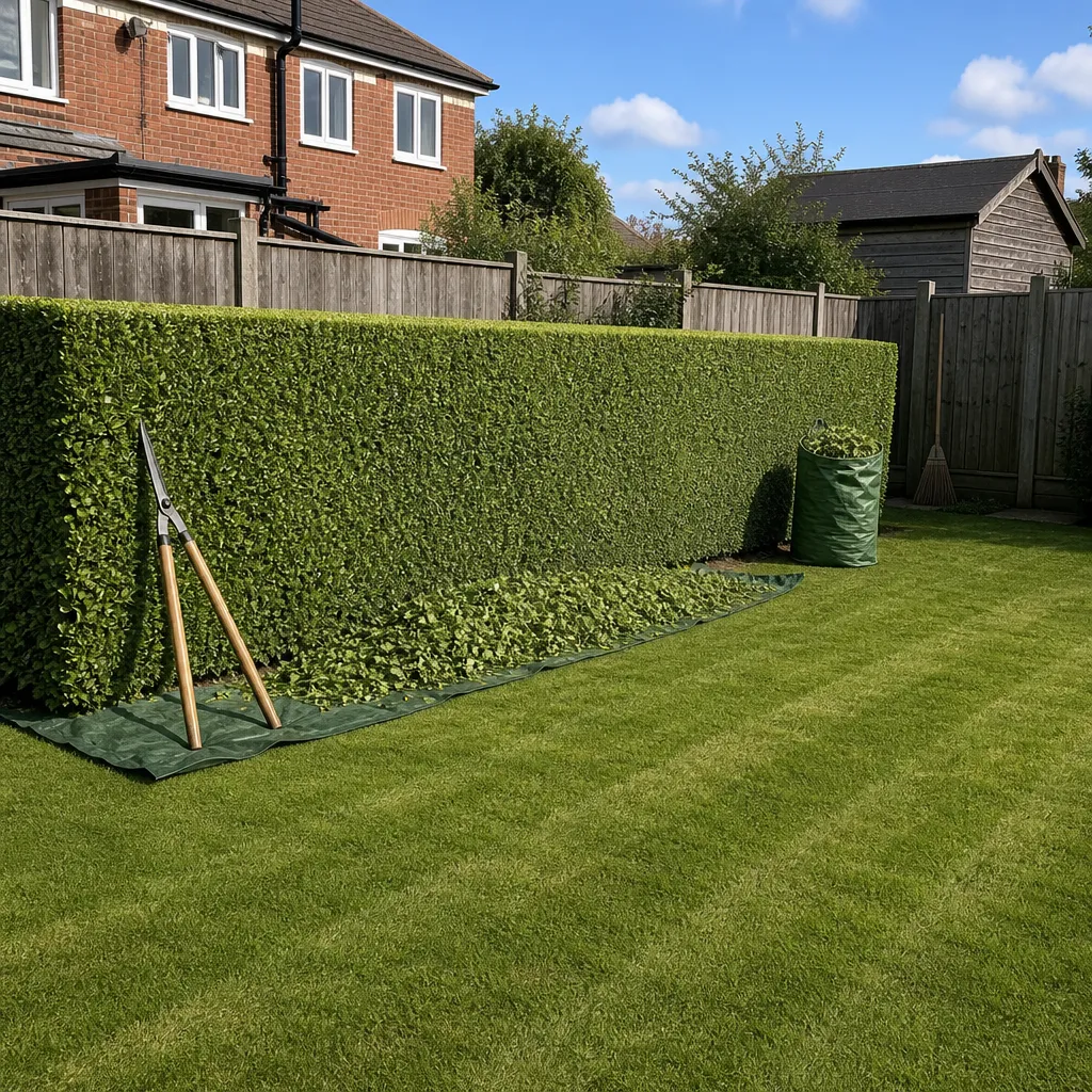 Privet hedge cut square with clippings gathered onto a sheet at its foot