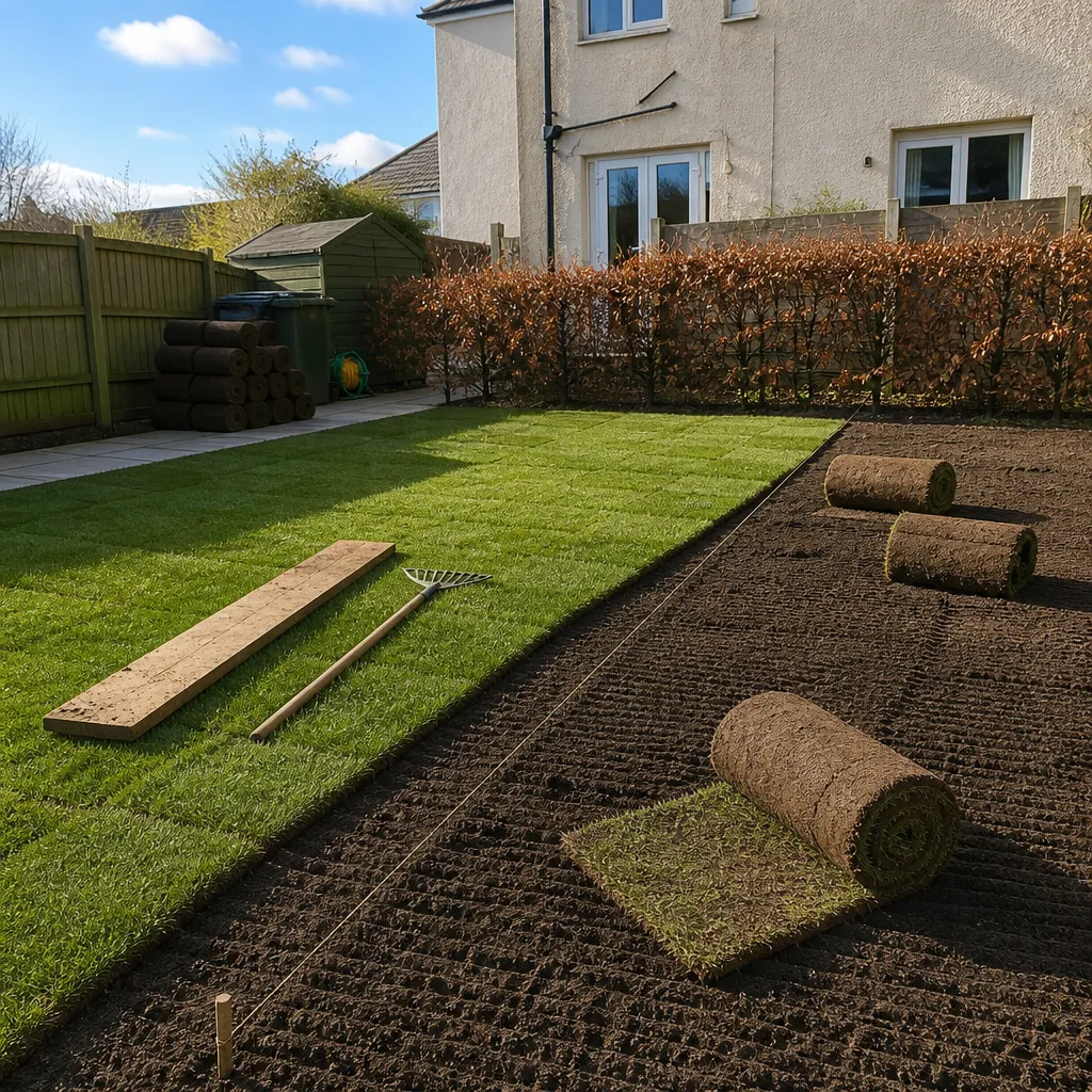 New turf half laid over raked soil, with rolls and a levelling plank waiting