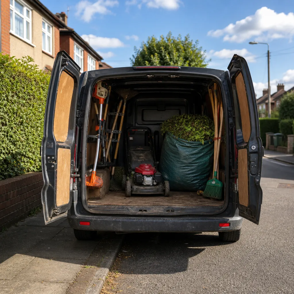 Open van doors showing a mower, strimmer, rakes and a full bag of hedge clippings