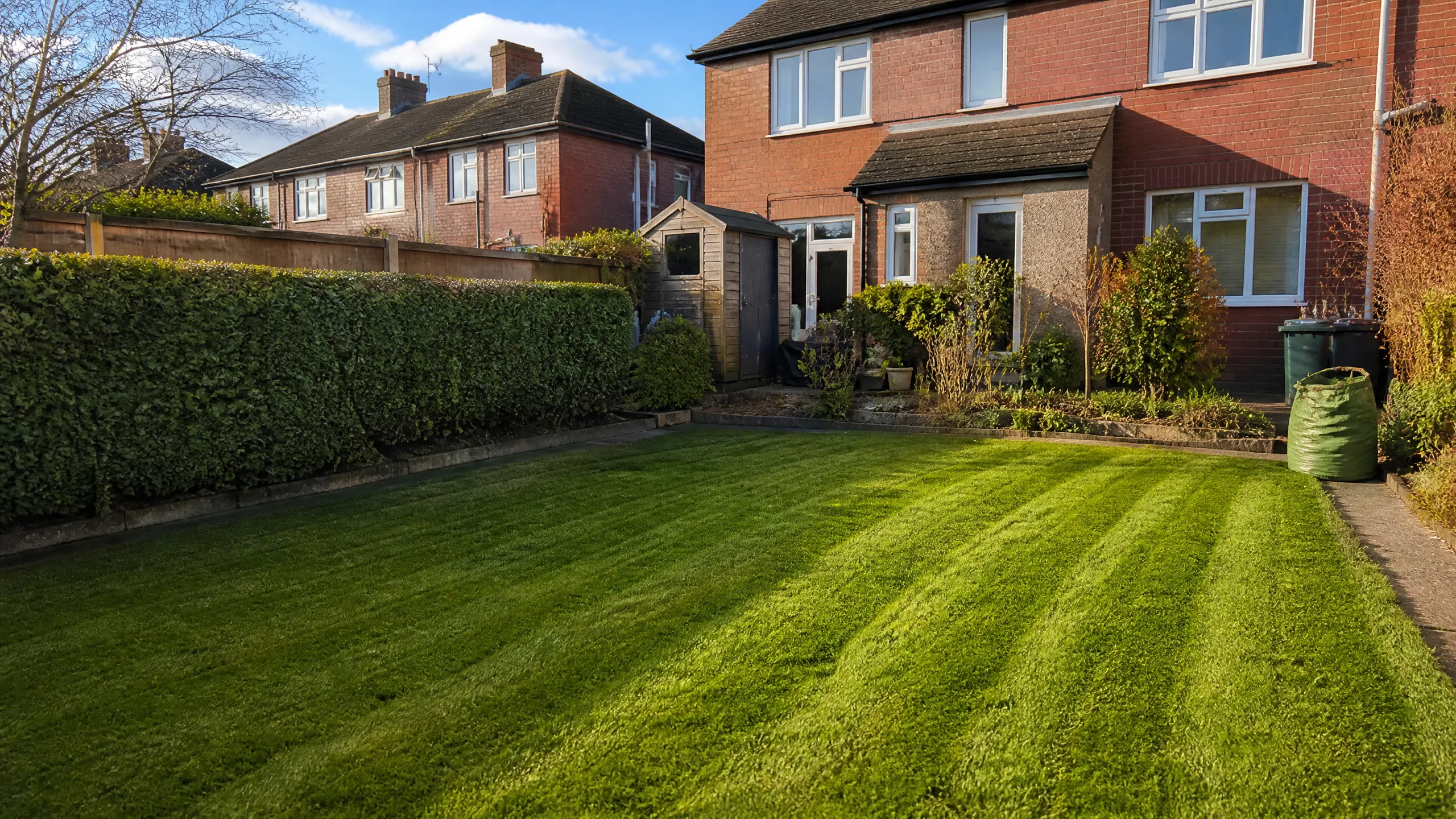 Freshly striped lawn with a clipped hedge and a full green waste bag behind a red brick semi