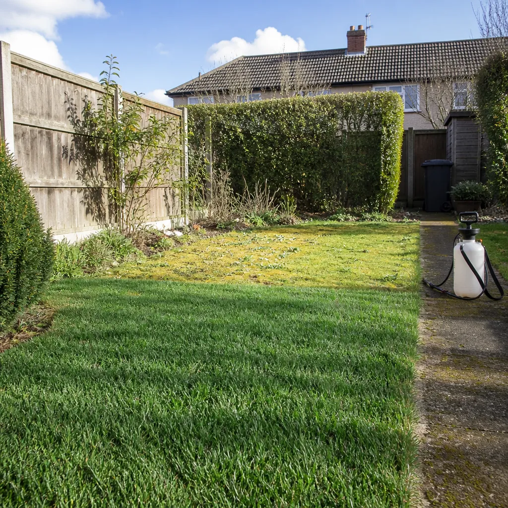 Knapsack sprayer beside a lawn where dense green grass meets a pale mossy patch